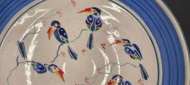 Lindy Barletta Ceramics - Ceramic Platter with spoonbill birds pattern and blue interior rim