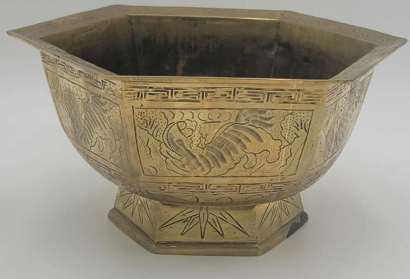 Vintage Large Etched Brass Chinese Pedestal Bowl - 13cm H x 23.5cm diameter - Hexagon shape
