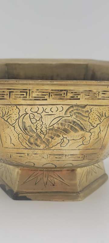 Vintage Large Etched Brass Chinese Pedestal Bowl - 13cm H x 23.5cm diameter - Hexagon shape