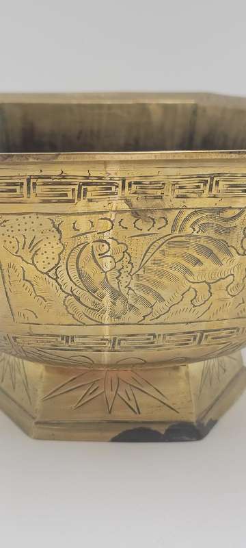 Vintage Large Etched Brass Chinese Pedestal Bowl - 13cm H x 23.5cm diameter - Hexagon shape