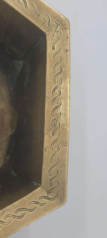 Vintage Large Etched Brass Chinese Pedestal Bowl - 13cm H x 23.5cm diameter - Hexagon shape