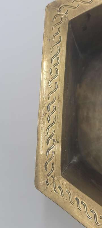 Vintage Large Etched Brass Chinese Pedestal Bowl - 13cm H x 23.5cm diameter - Hexagon shape