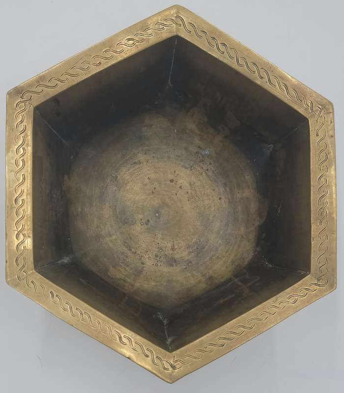 Vintage Large Etched Brass Chinese Pedestal Bowl - 13cm H x 23.5cm diameter - Hexagon shape