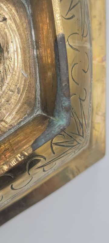 Vintage Large Etched Brass Chinese Pedestal Bowl - 13cm H x 23.5cm diameter - Hexagon shape