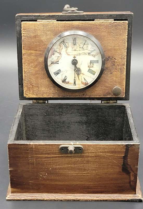 Vintage Wooden Box with Embedded Clock in Lid - Antique Clock Hands - Versatile for storage