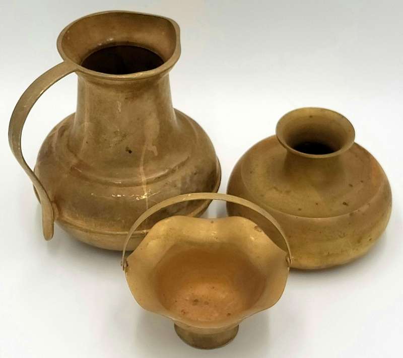 Vintage Heavy Indian Brass Trio - Water Vase/Pot, Jug & Basket - Traditional & Beautiful Colour