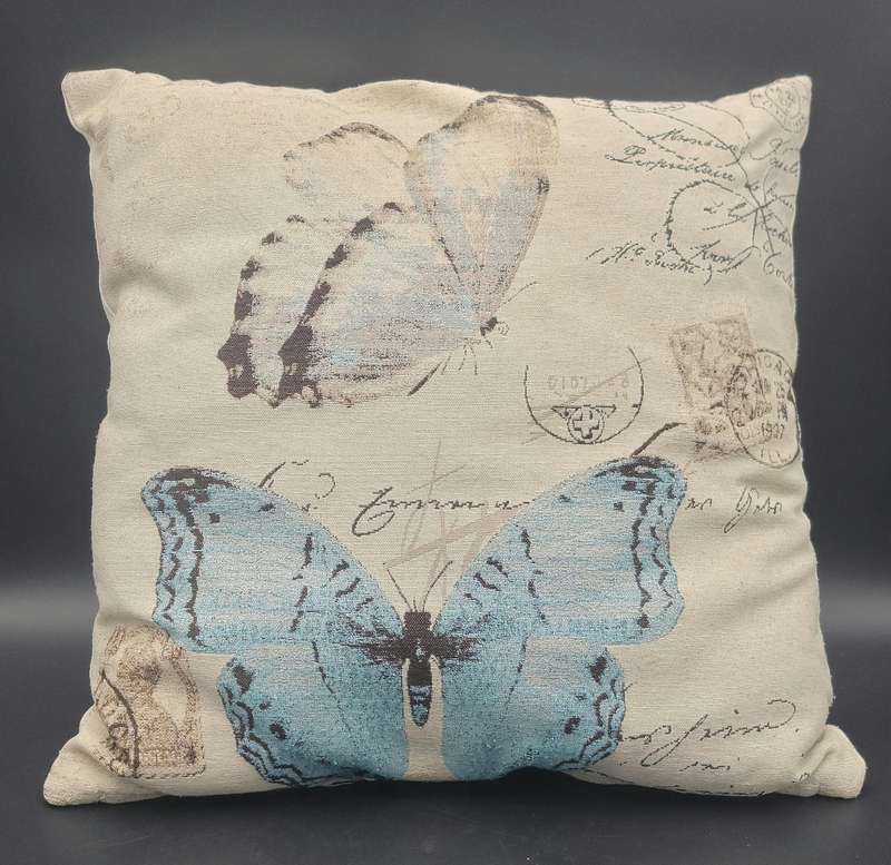 Pair of French Style Linen Blend Scatter Cushions with Butterfly Theme - 40x40
