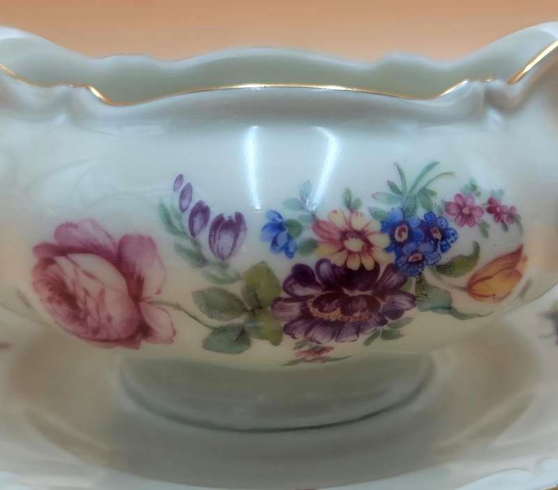 Vintage Bavaria Porcelain Gravy Boat on attached Underplate with Gold Trim & Pink Flowers
