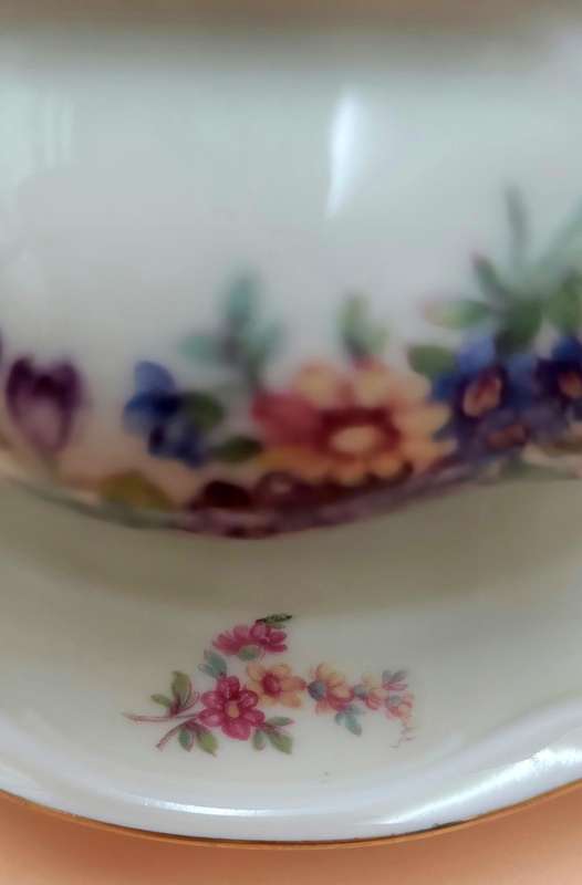 Vintage Bavaria Porcelain Gravy Boat on attached Underplate with Gold Trim & Pink Flowers