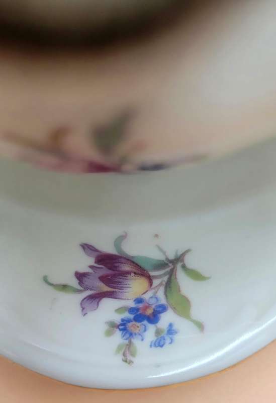 Vintage Bavaria Porcelain Gravy Boat on attached Underplate with Gold Trim & Pink Flowers