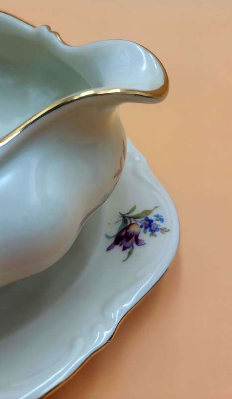 Vintage Bavaria Porcelain Gravy Boat on attached Underplate with Gold Trim & Pink Flowers