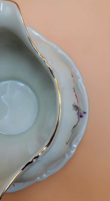 Vintage Bavaria Porcelain Gravy Boat on attached Underplate with Gold Trim & Pink Flowers