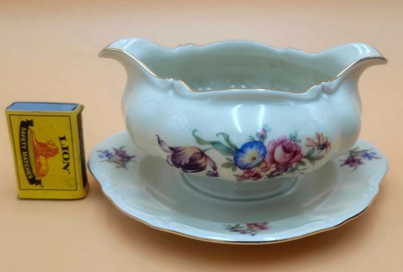 Vintage Bavaria Porcelain Gravy Boat on attached Underplate with Gold Trim & Pink Flowers