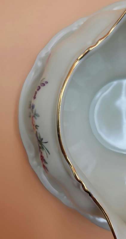 Vintage Bavaria Porcelain Gravy Boat on attached Underplate with Gold Trim & Pink Flowers