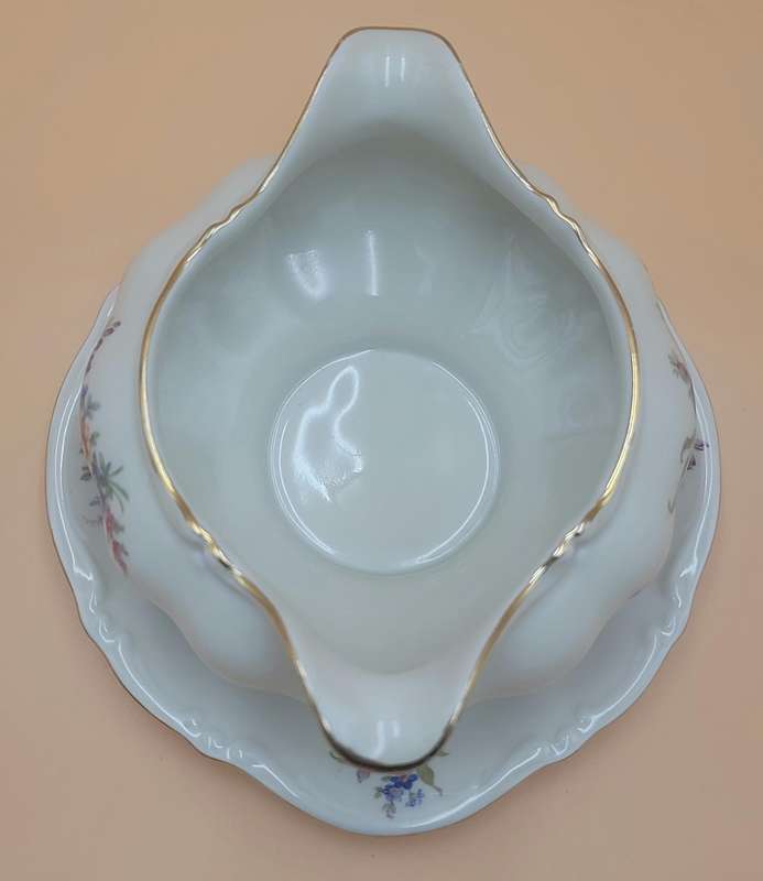 Vintage Bavaria Porcelain Gravy Boat on attached Underplate with Gold Trim & Pink Flowers