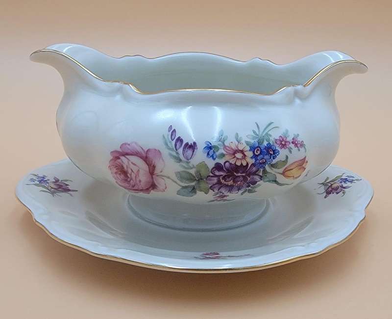 Vintage Bavaria Porcelain Gravy Boat on attached Underplate with Gold Trim & Pink Flowers