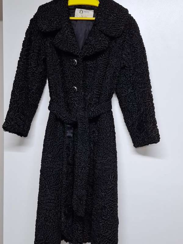 Vintage Black Karakul Pelt Coat with belt - authentic rare find in excellent condition - Size S
