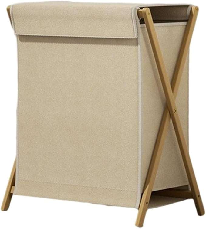 Folding Wooden Laundry Basket with Lid - Washing Basket- Large Washable Laundry Basket-Beige
