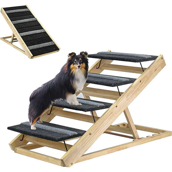 Foldable Wooden Dog Ramp & Stairs - Non-Slip Adjustable Portable Pet Steps