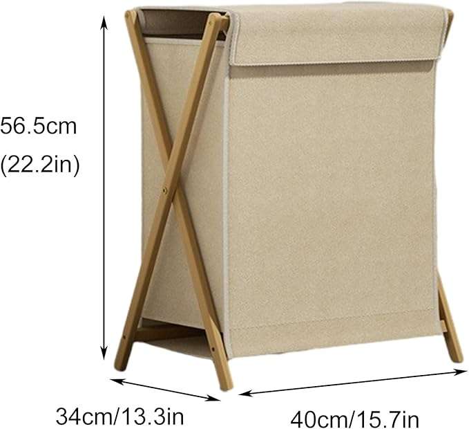 Folding Wooden Laundry Basket with Lid - Washing Basket- Large Washable Laundry Basket-Beige