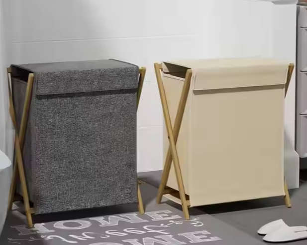 Folding Wooden Laundry Basket with Lid - Washing Basket- Large Washable Laundry Basket-Beige