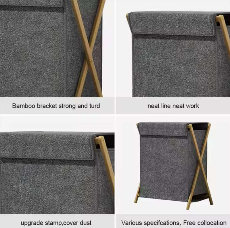 Folding Wooden Laundry Basket with Lid - Washing Basket- Large Washable Laundry Basket-Grey
