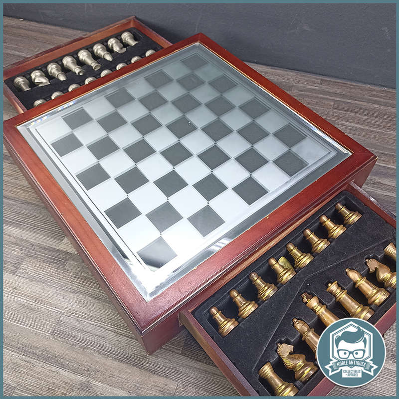 Cast Metal and Glass Top Wood Table Chess Set With Drawers !!!