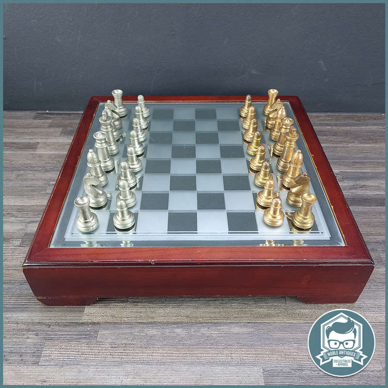 Cast Metal and Glass Top Wood Table Chess Set With Drawers !!!