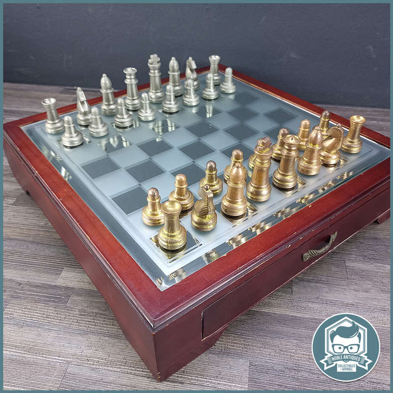 Cast Metal and Glass Top Wood Table Chess Set With Drawers !!!
