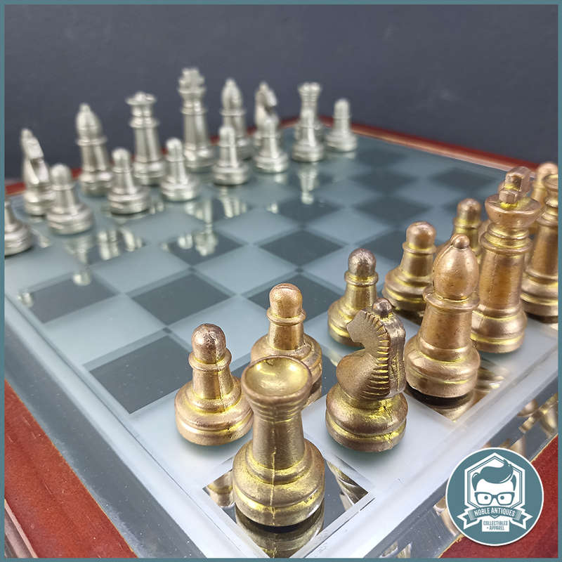Cast Metal and Glass Top Wood Table Chess Set With Drawers !!!