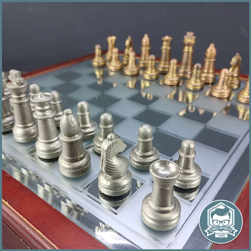 Cast Metal and Glass Top Wood Table Chess Set With Drawers !!!