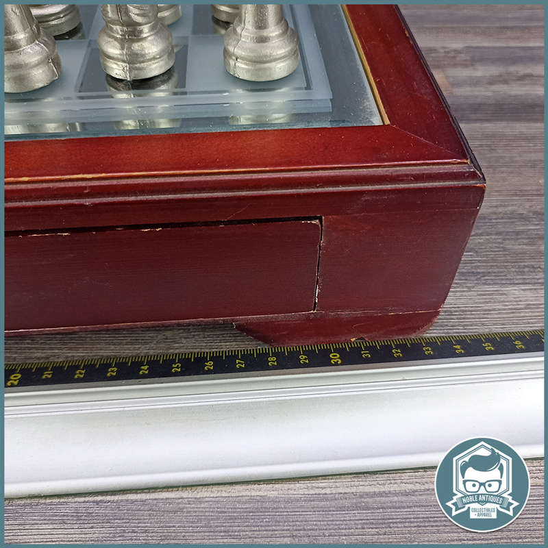Cast Metal and Glass Top Wood Table Chess Set With Drawers !!!