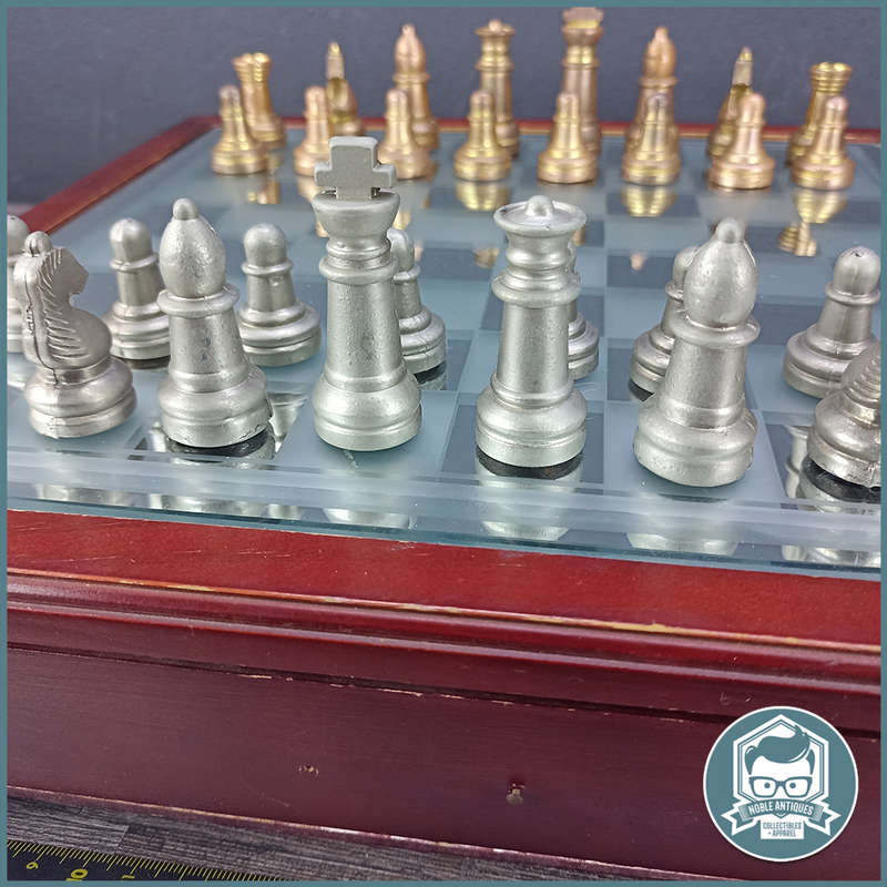 Cast Metal and Glass Top Wood Table Chess Set With Drawers !!!