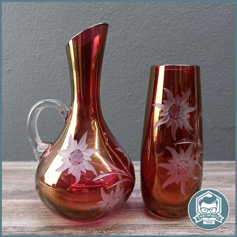 Vintage Echt Kristall Glass Red Etched Colored Glass Vases