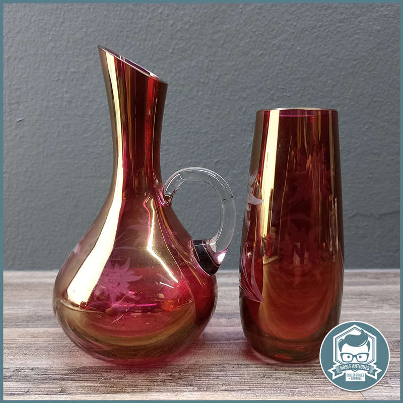 Vintage Echt Kristall Glass Red Etched Colored Glass Vases