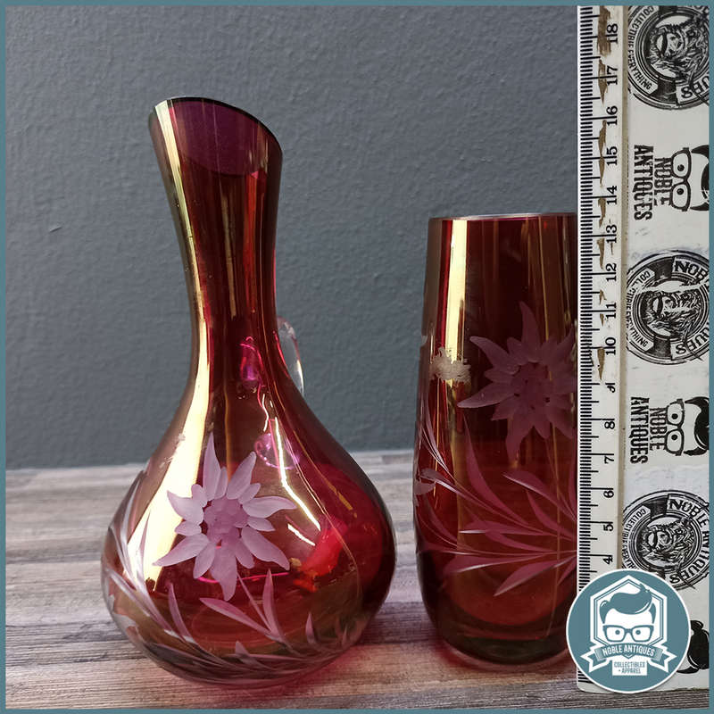 Vintage Echt Kristall Glass Red Etched Colored Glass Vases