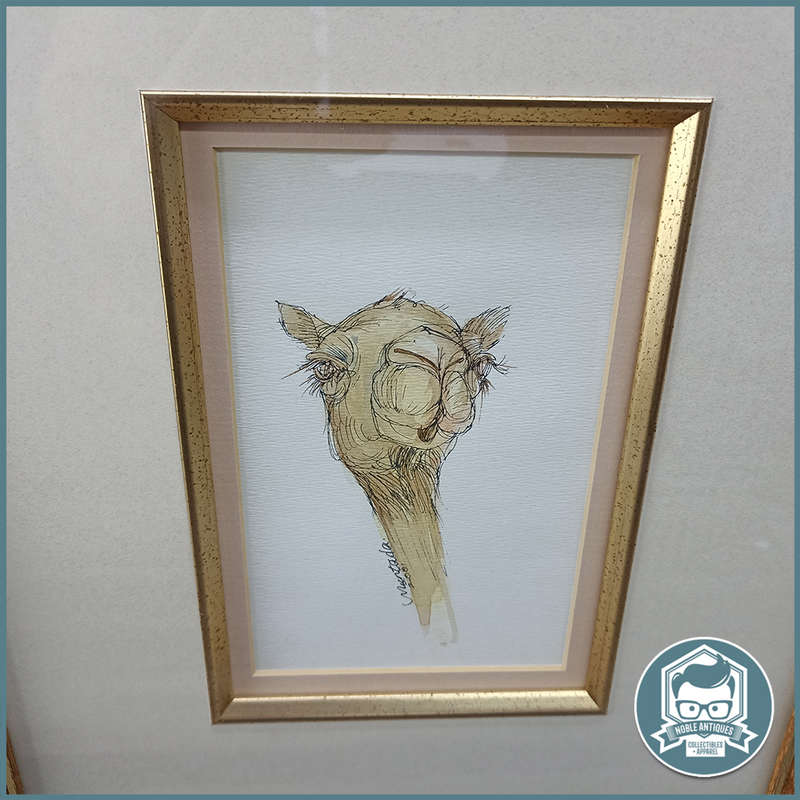 Framed and signed ink and watercolor camel art