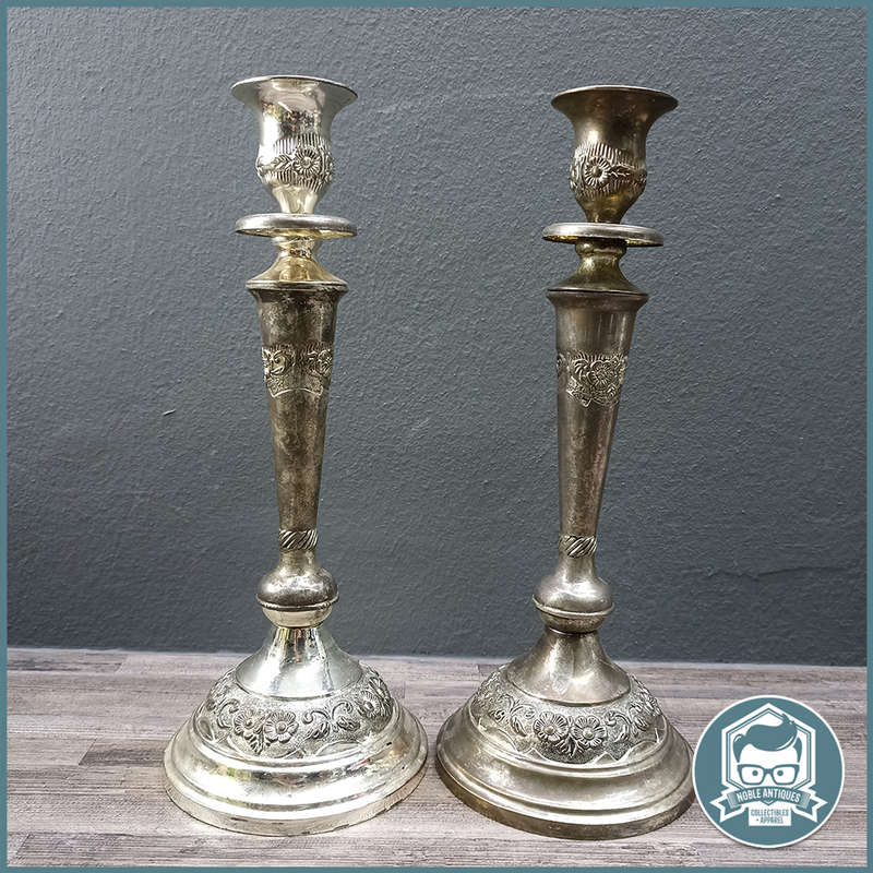 Pair of Large Vintage Ornate Silver-plated Candle Stands