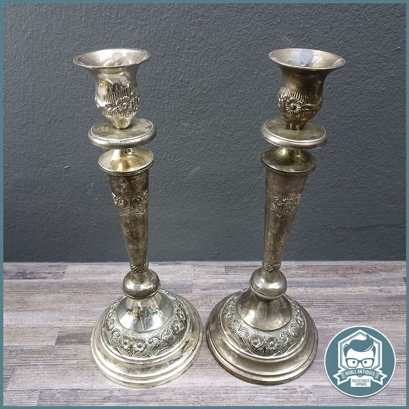Pair of Large Vintage Ornate Silver-plated Candle Stands