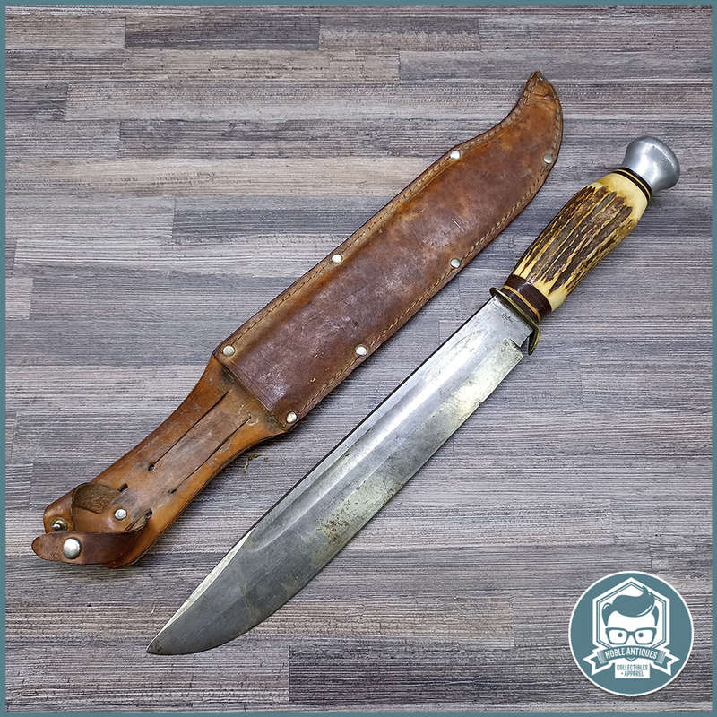Large Original Vintage German Solingen Bowie knife & leather scabbard by CARL SCHLIEFER