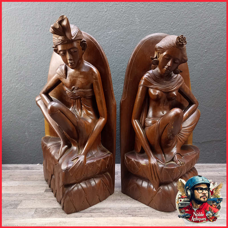 Vintage A FATIMAH BALI Wood Carved Statue Bookends 32cm Tall