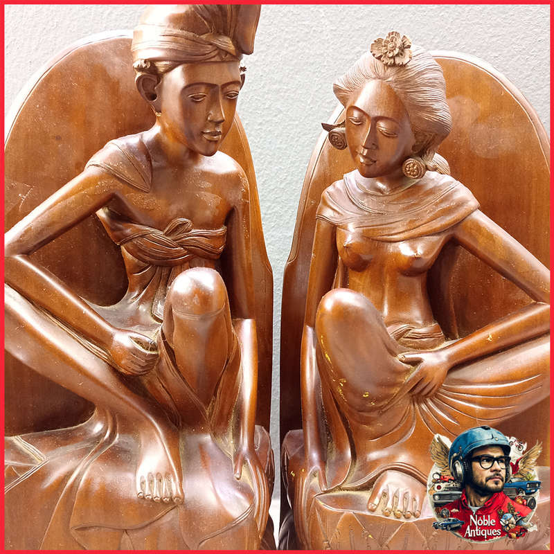 Vintage A FATIMAH BALI Wood Carved Statue Bookends 32cm Tall