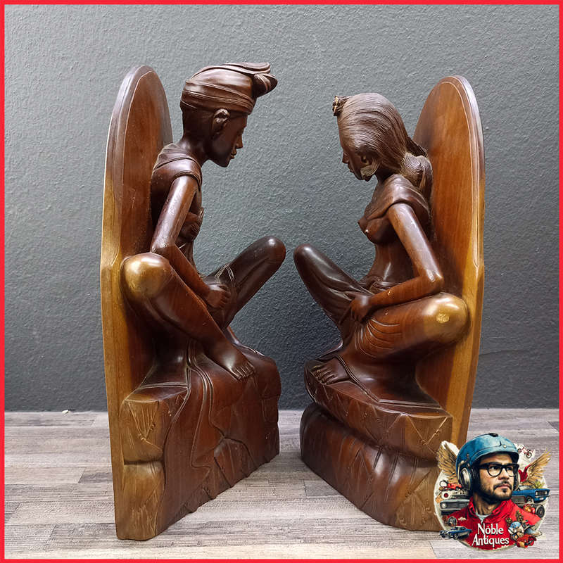 Vintage A FATIMAH BALI Wood Carved Statue Bookends 32cm Tall