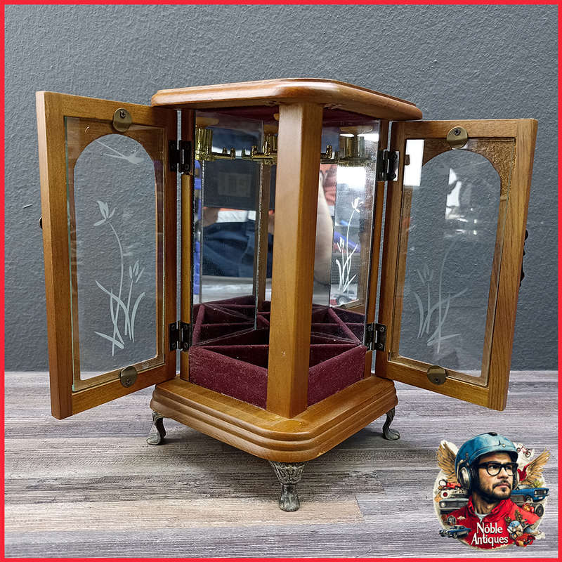 Brass Footed Vintage Wood Jewelry Armoire