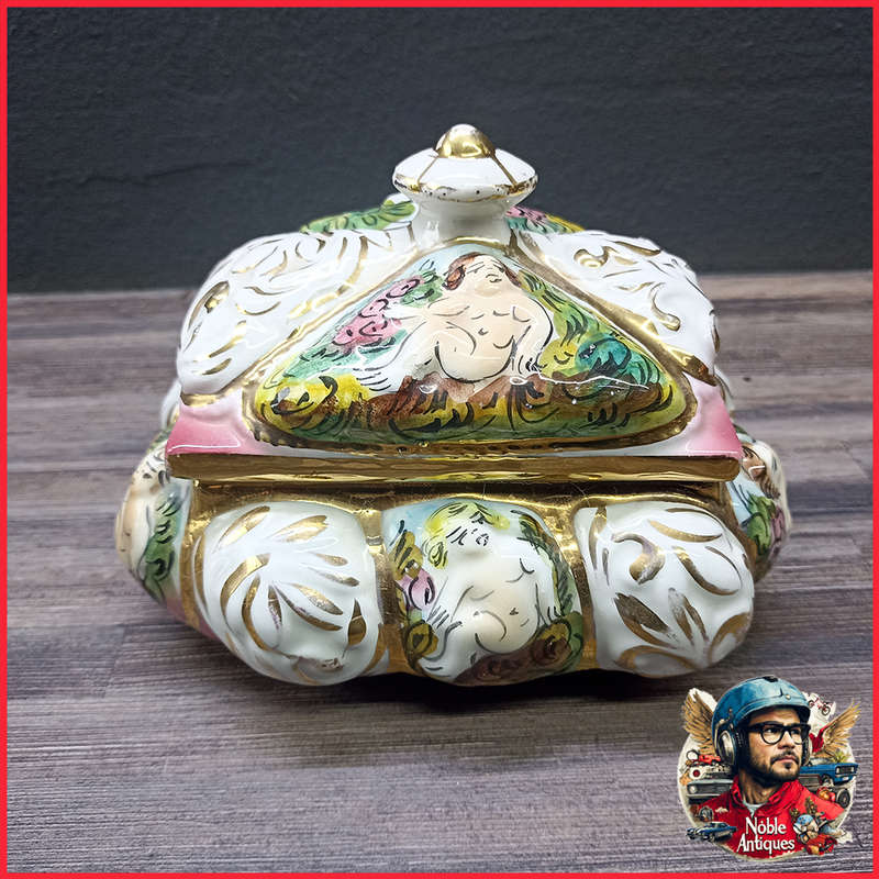 Original Capodimonte Florentine Hand Painted Cherubs Square Jewelry Box Italy