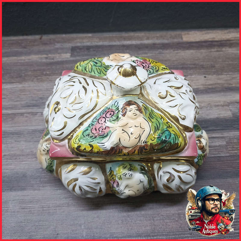 Original Capodimonte Florentine Hand Painted Cherubs Square Jewelry Box Italy