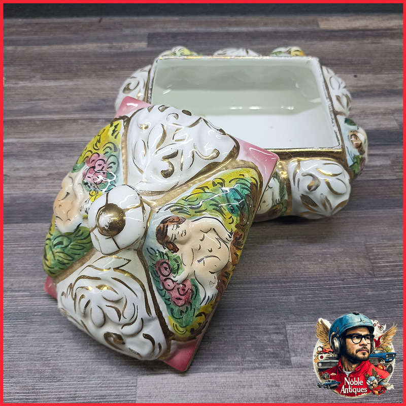 Original Capodimonte Florentine Hand Painted Cherubs Square Jewelry Box Italy