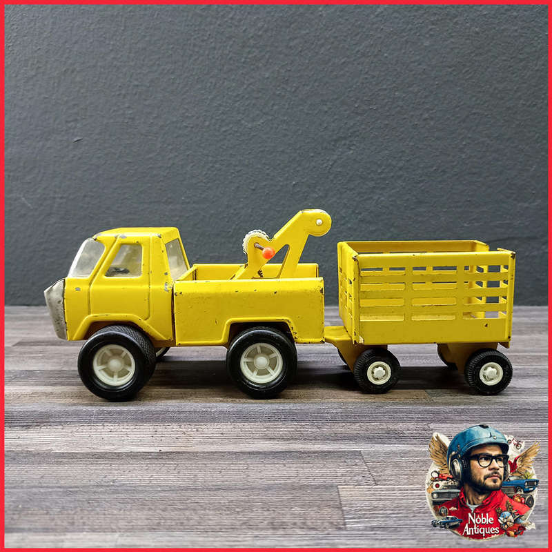 Vintage 1960s Japanese Pressed Steel Diecast Tow Truck and Trailer