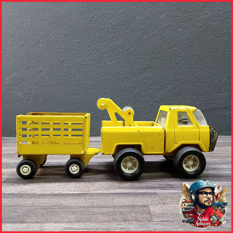 Vintage 1960s Japanese Pressed Steel Diecast Tow Truck and Trailer
