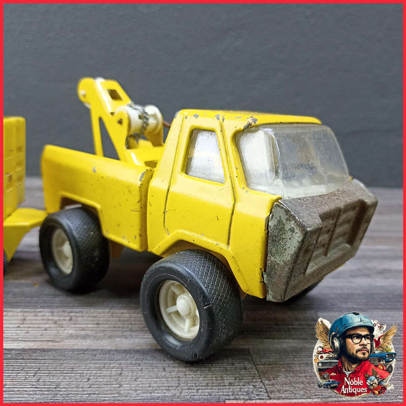 Vintage 1960s Japanese Pressed Steel Diecast Tow Truck and Trailer